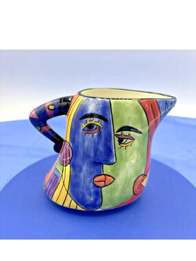 Vtg Picasso Style Pitcher By Muzeum Multicolor Abstract Pottery Art Cream Cubism